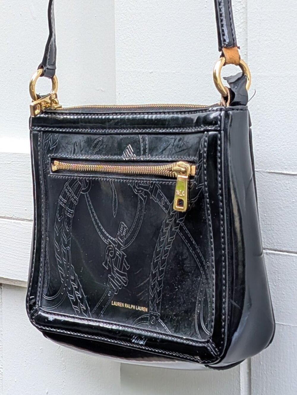 Lauren Ralph Lauren Black Embossed Patent Equestrian Crossbody Bag